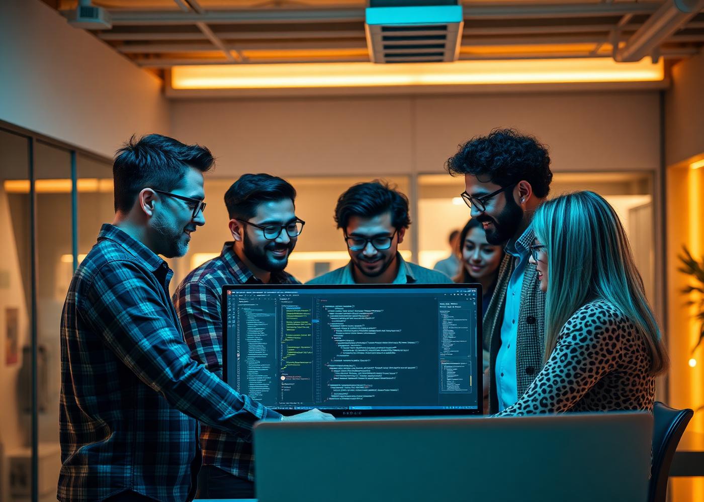 Engineering team reviewing code together